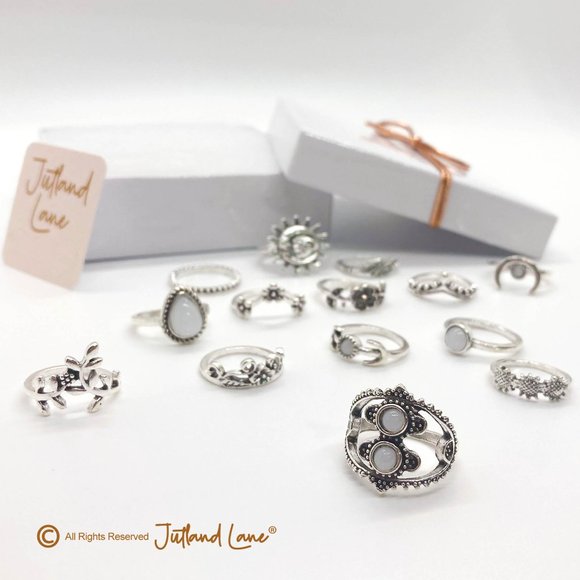 Boho Stacking Rings Set of 14 Vintage Bohemian Silver Ring Set - Picture 8 of 8